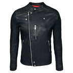 Mens Waxed Sheepskin Leather Cafe Racer Biker Jacket Black
