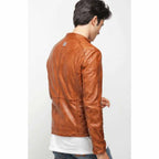 Mens Camel Brown Leather Biker Jacket