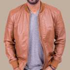 Mens Camel Color Lambskin Leather Bomber Jacket