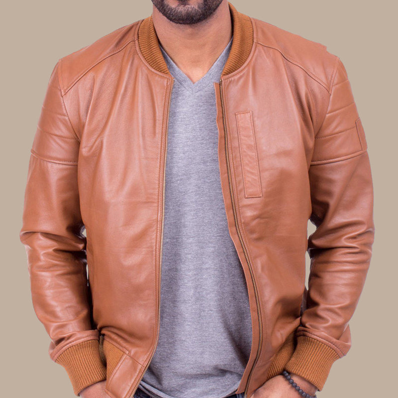 Mens Camel Color Lambskin Leather Bomber Jacket