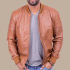 Mens Camel Color Lambskin Leather Bomber Jacket