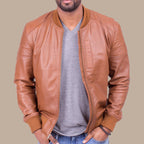 Mens Camel Color Lambskin Leather Bomber Jacket