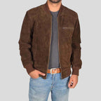 Mens Chocolate Brown Suede Leather Bomber Jacket
