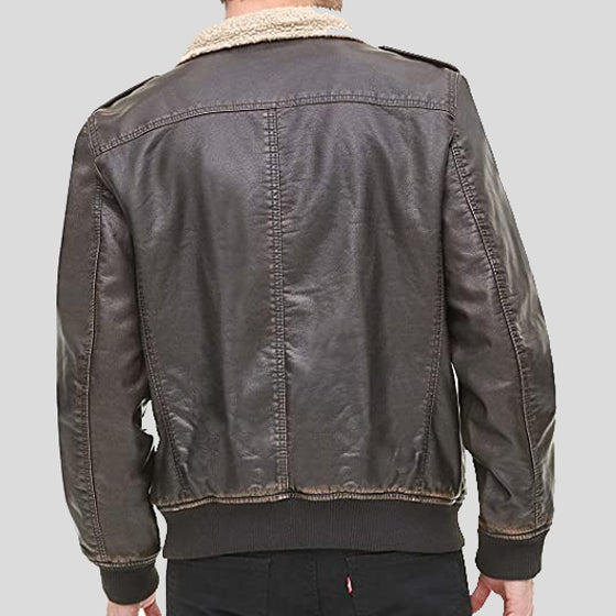 Mens Dark Brown Faux Leather Sherpa Aviator Bomber Jacket