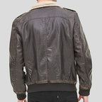 Mens Dark Brown Faux Leather Sherpa Aviator Bomber Jacket
