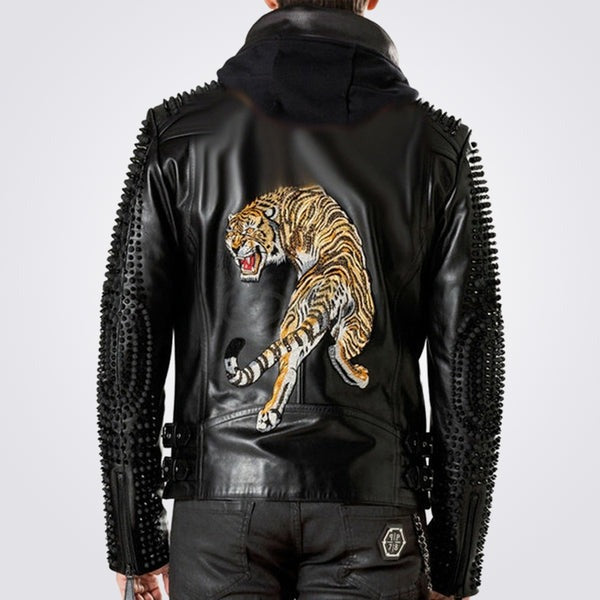 Men’s Studded Hooded Leather Biker Jacket with Lion Back – Avanzar