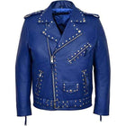 Men’s Blue Designer Studded Leather Jacket with Waist Belt – Avanzar Leather