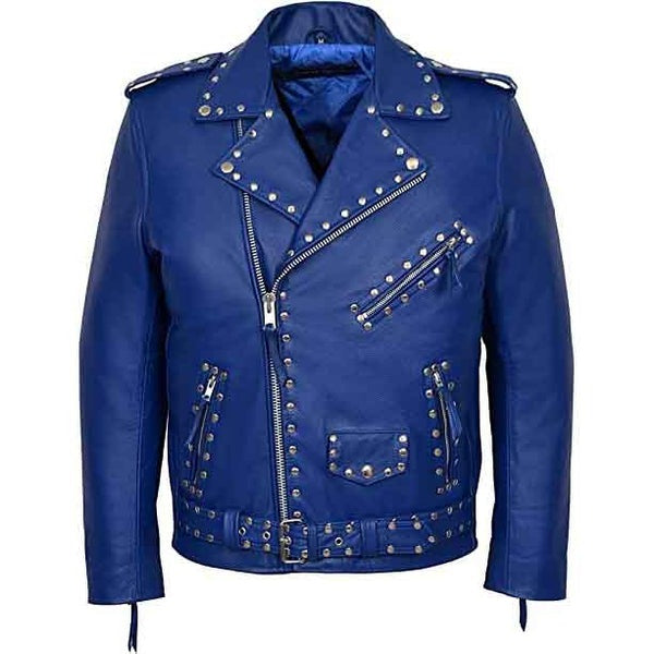 Men’s Blue Designer Studded Leather Jacket with Waist Belt – Avanzar Leather