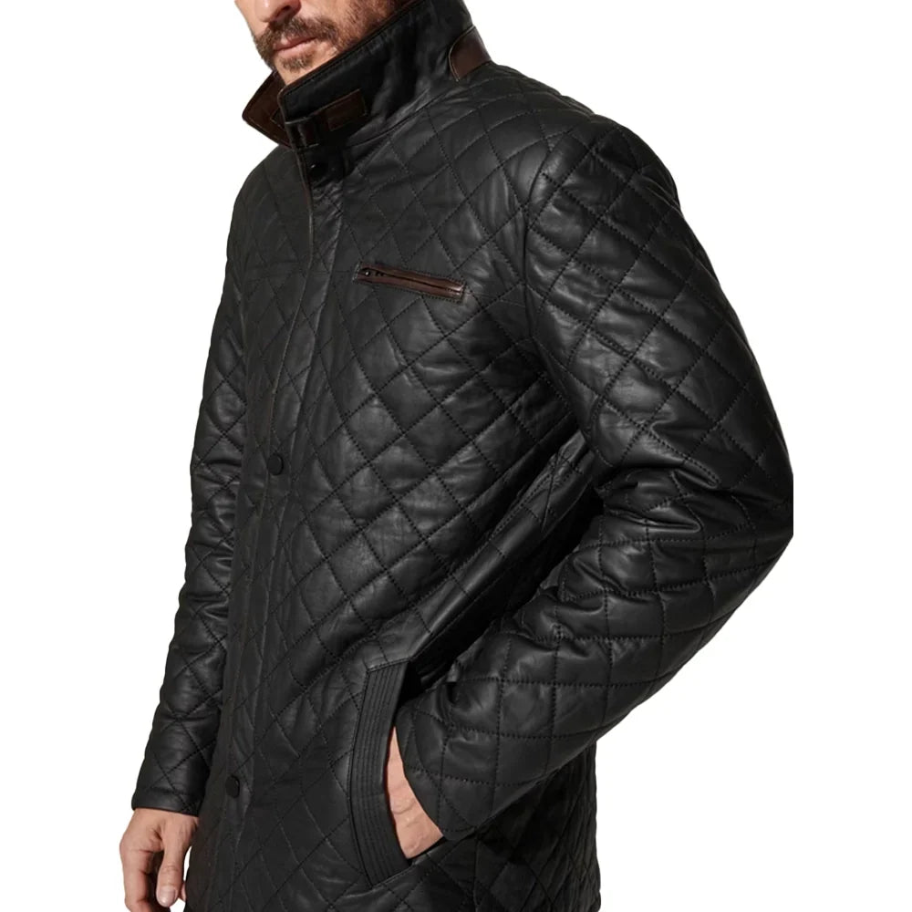 Mens Black Diamond Quilted Leather Jacket