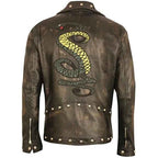 Mens Distressed Brown Embroidery Snakes Studded Leather Jacket