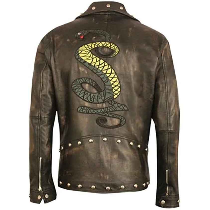 Mens Distressed Brown Embroidery Snakes Studded Leather Jacket