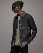 Men's Distressed Leather Bomber Harrington Jacket in Black Bold Elegance
