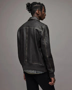 Men's Distressed Leather Bomber Harrington Jacket in Black Bold Elegance