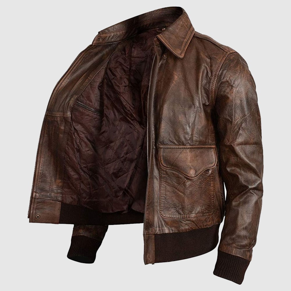 Men’s Flight Bomber Air Force A2 Brown Sheepskin Distressed Leather Jacket