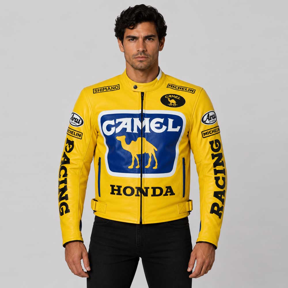 Mens Honda Camel Racing Motorcycle Yellow Leather Jacket