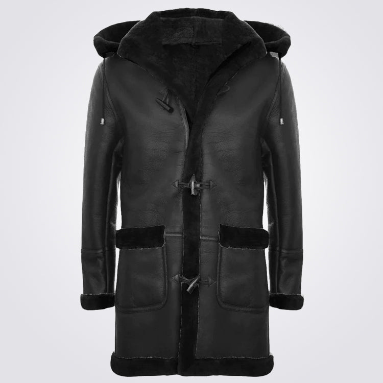 Men's Hooded Shearling Sheepskin Duffle Coat
