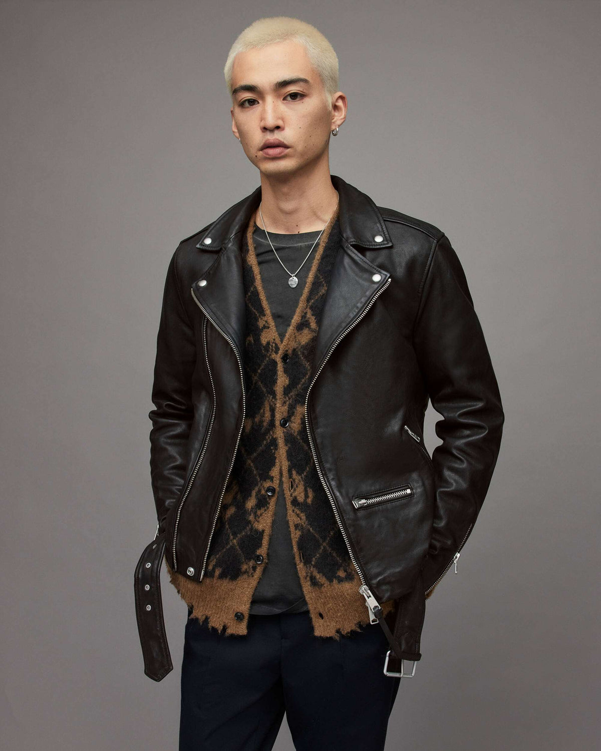 Men's Black Leather Biker Jacket with Belt - Classic Urban Style
