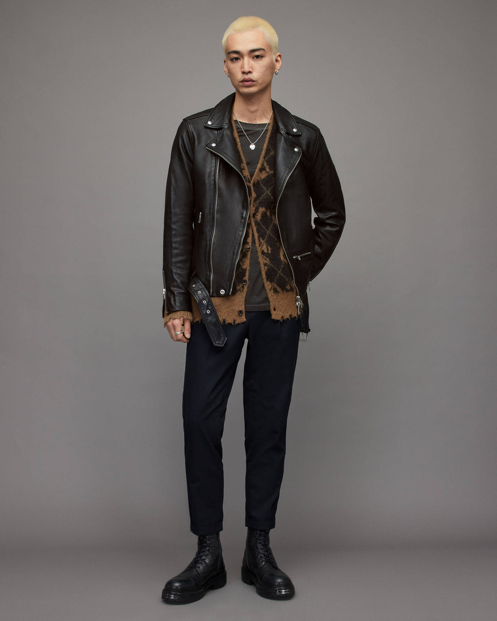 Men's Black Leather Biker Jacket with Belt - Classic Urban Style