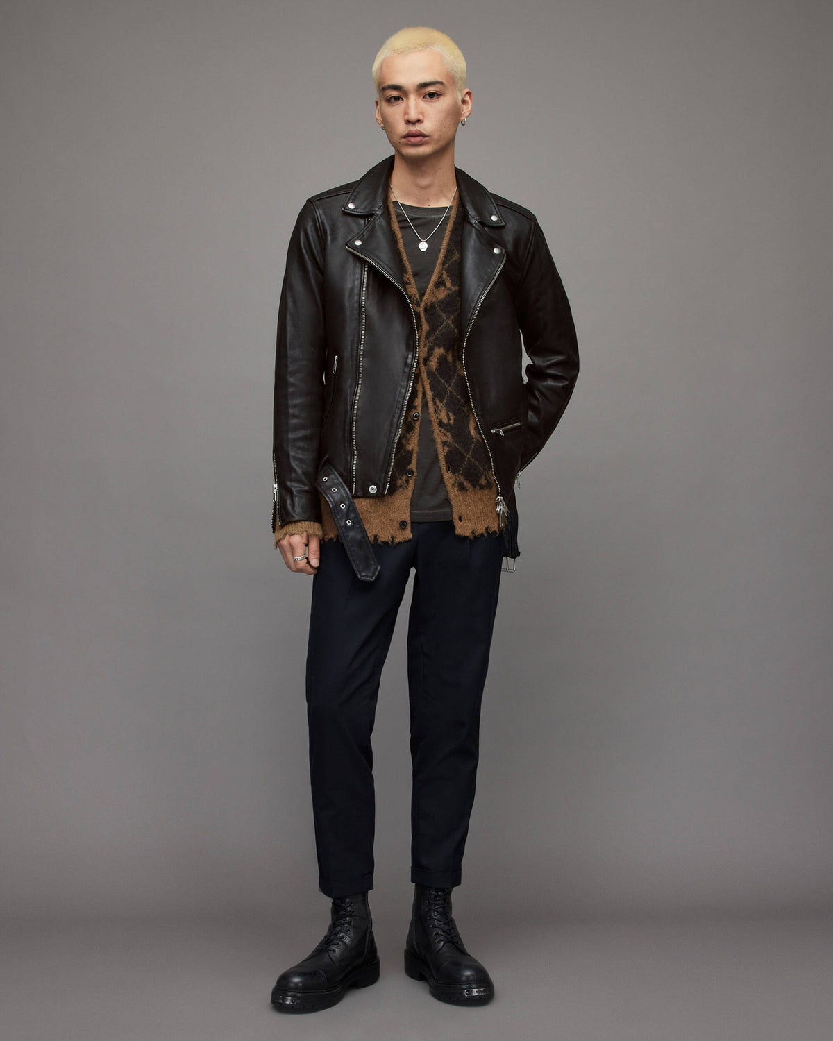 Men's Black Leather Biker Jacket with Belt - Classic Urban Style