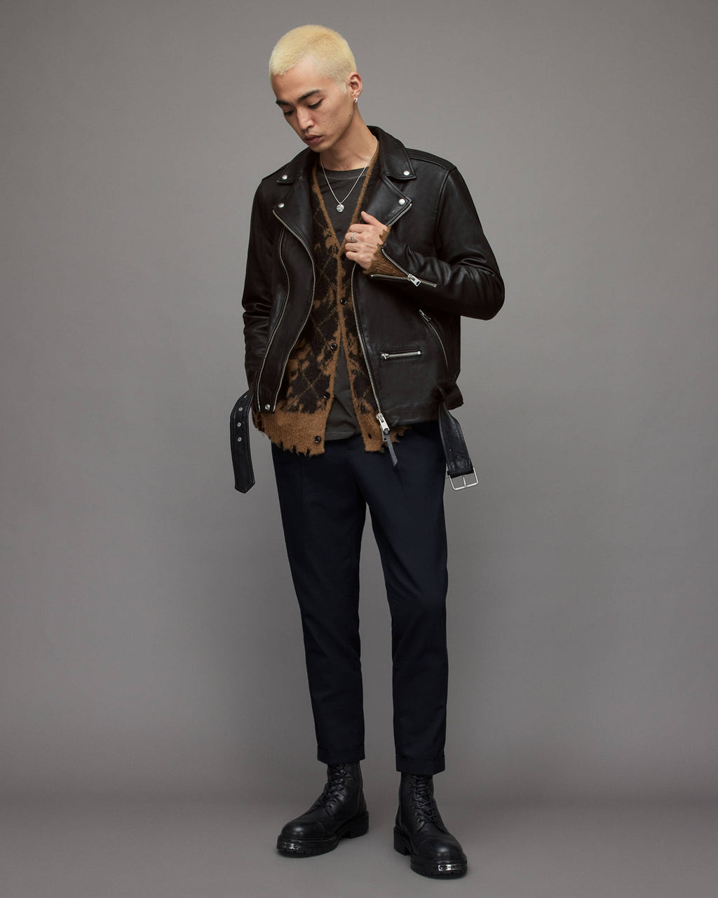 Men's Black Leather Biker Jacket with Belt - Classic Urban Style