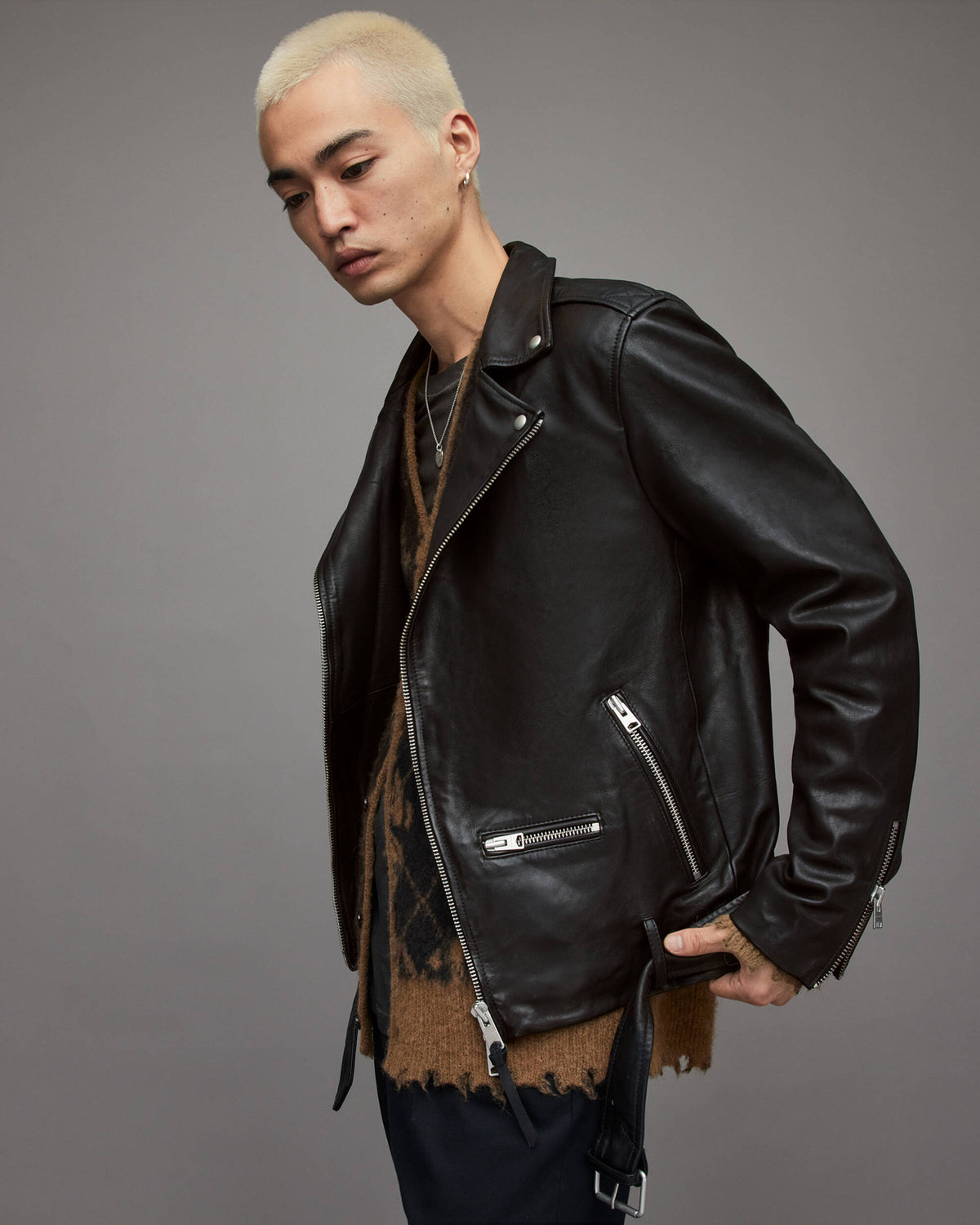 Men's Black Leather Biker Jacket with Belt - Classic Urban Style