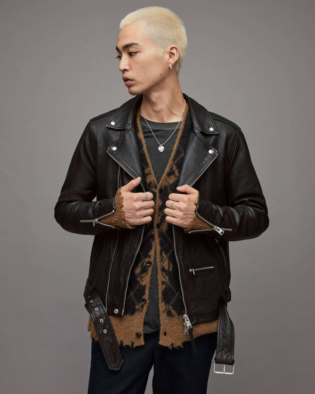 Men's Black Leather Biker Jacket with Belt - Classic Urban Style