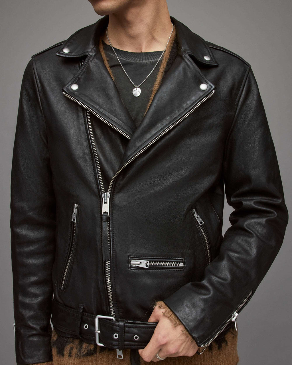 Men's Black Leather Biker Jacket with Belt - Classic Urban Style