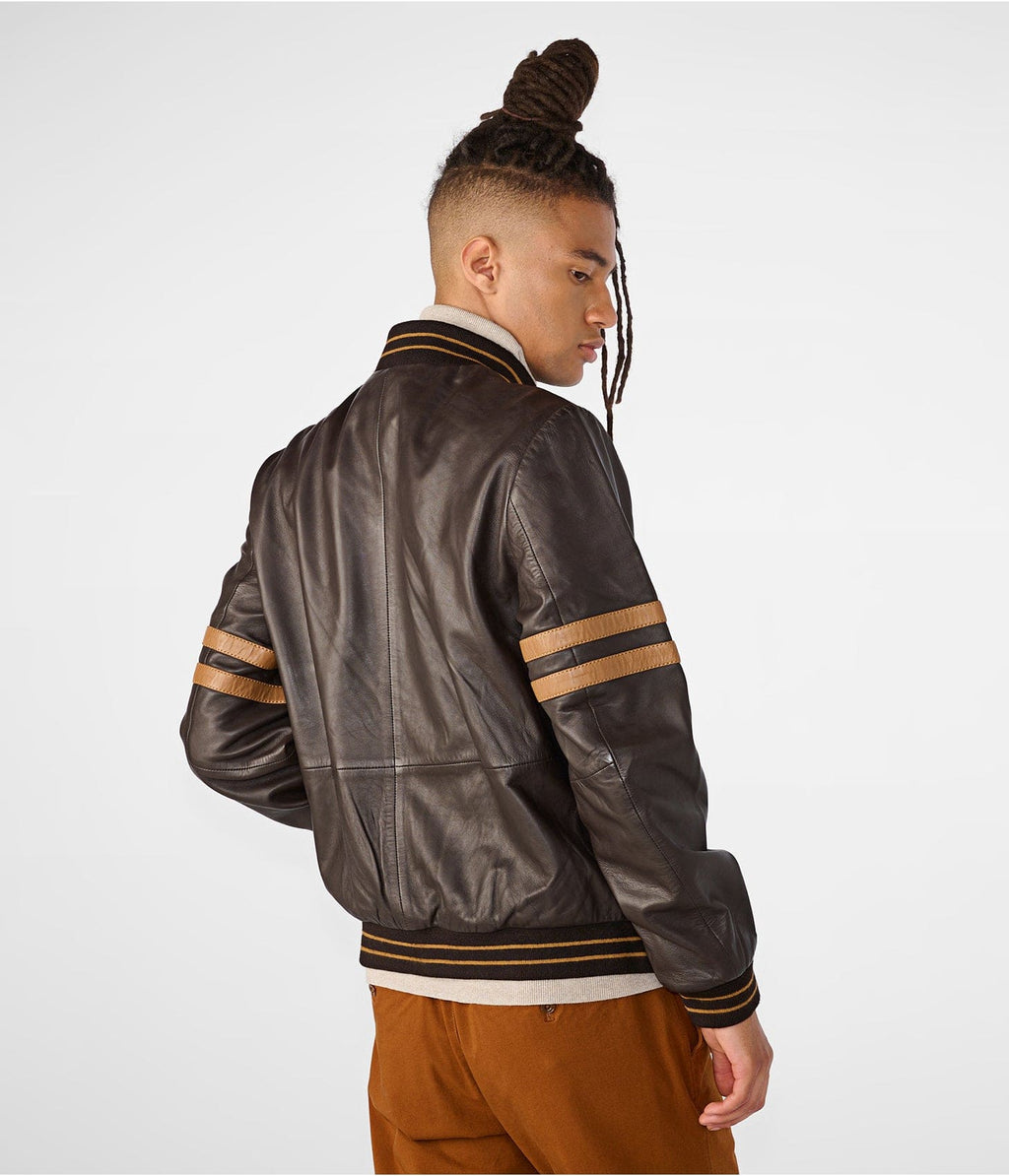 Men's Dark Brown Leather Bomber Jacket with Stripes by Avanzar