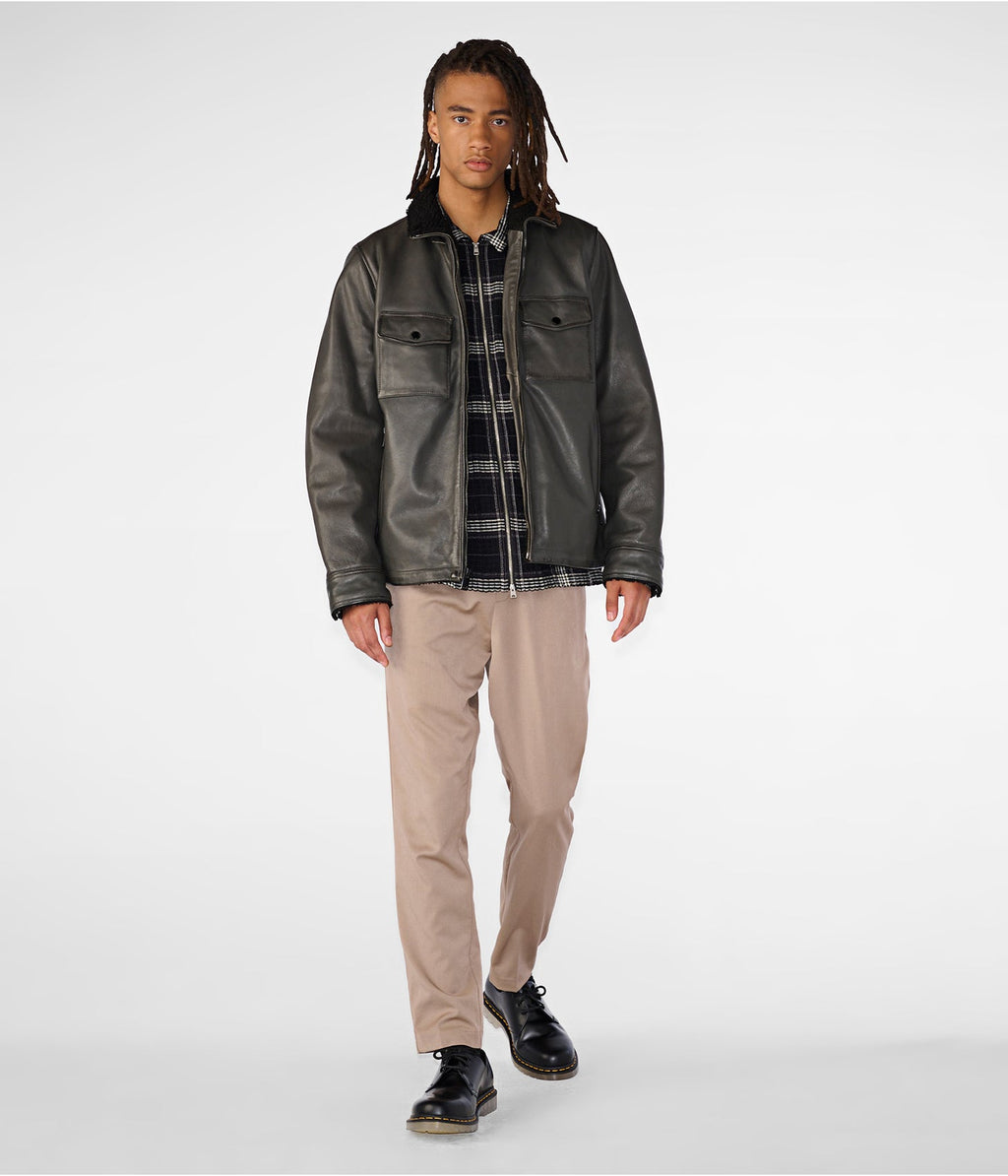 Men's Gray Leather Harrington Shearling Jacket by Avanzar