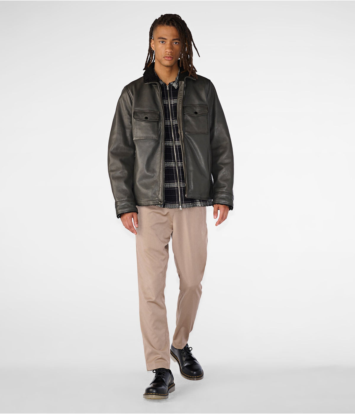Men's Gray Leather Harrington Shearling Jacket by Avanzar