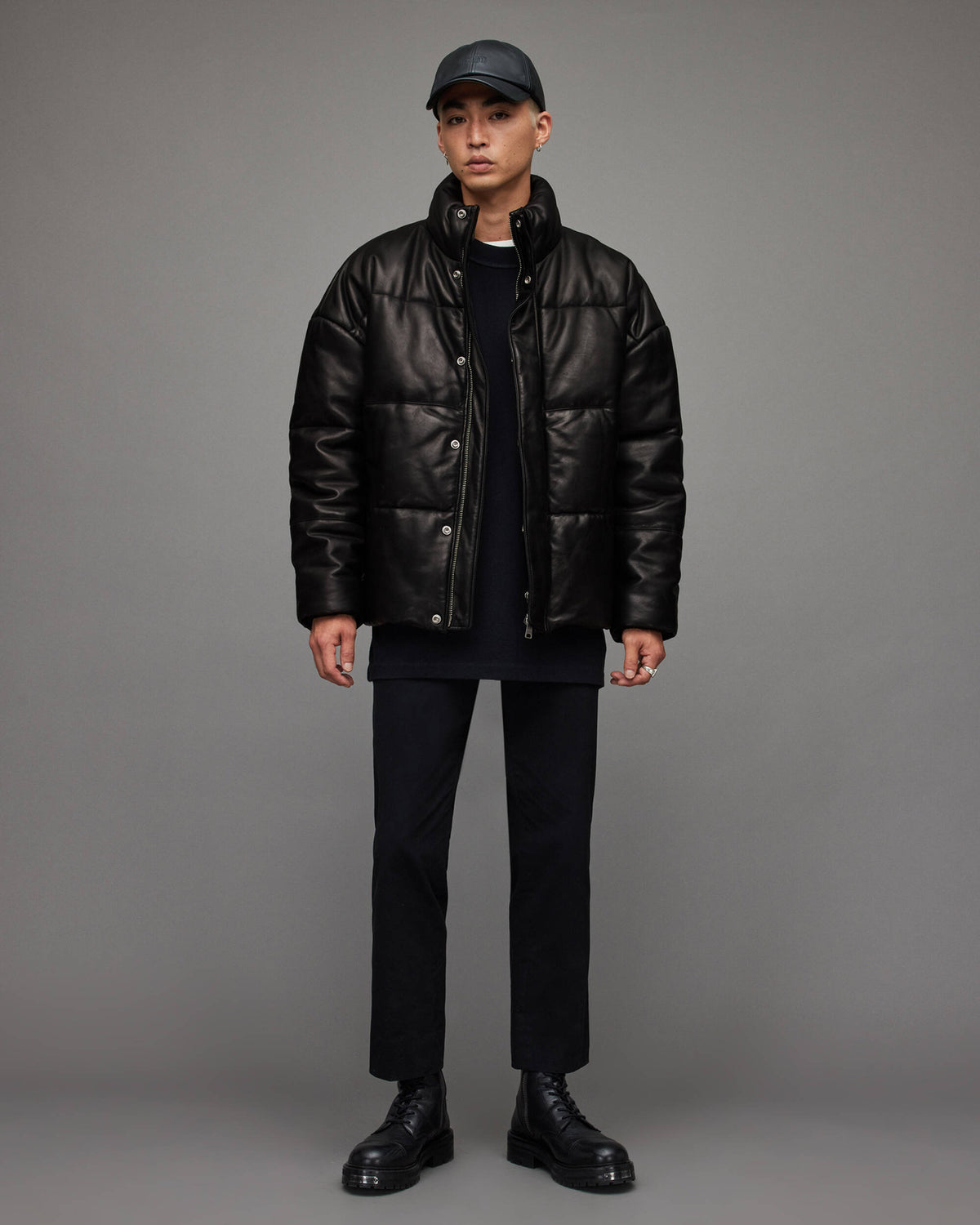 Men's Black Leather Puffer Jacket with Turtle Neck - Winter Essential