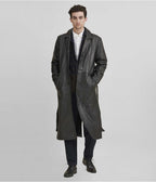 Men's Black Belted Leather Trench Coat