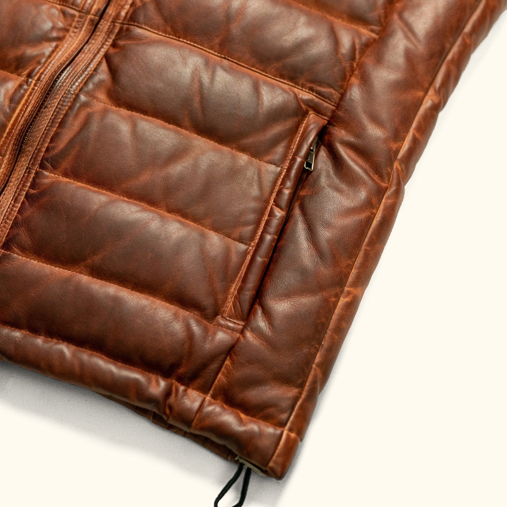 Brown Leather Puffer Vest for men's