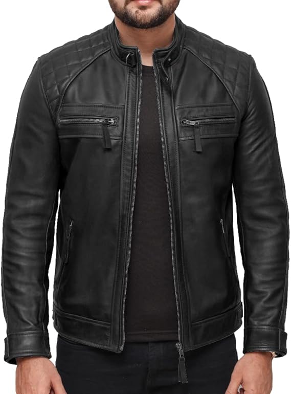 Men’s Quilted Shoulder Lambskin Black Biker Leather Jacket