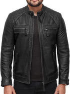 Men’s Quilted Shoulder Lambskin Black Biker Leather Jacket