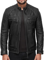 Men’s Quilted Shoulder Lambskin Black Biker Leather Jacket