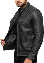 Men’s Quilted Shoulder Lambskin Black Biker Leather Jacket