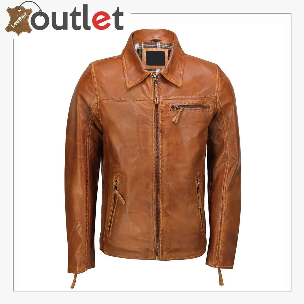 Classic Collar Retro Zip Up Biker Style Smart Slim Fit Mens Real Leather Jacket