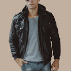Men’s Black Bomber Leather Jacket with Hood