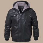 Men’s Black Bomber Leather Jacket with Hood