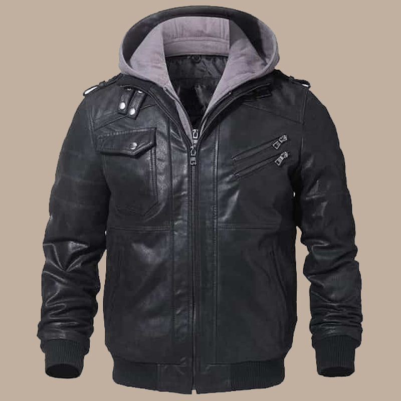 Men’s Black Bomber Leather Jacket with Hood