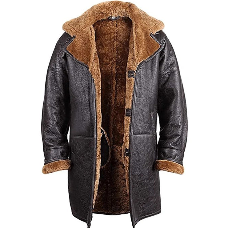 Mens Shearling Leather Warm Duffle Sheepskin Trench Coat