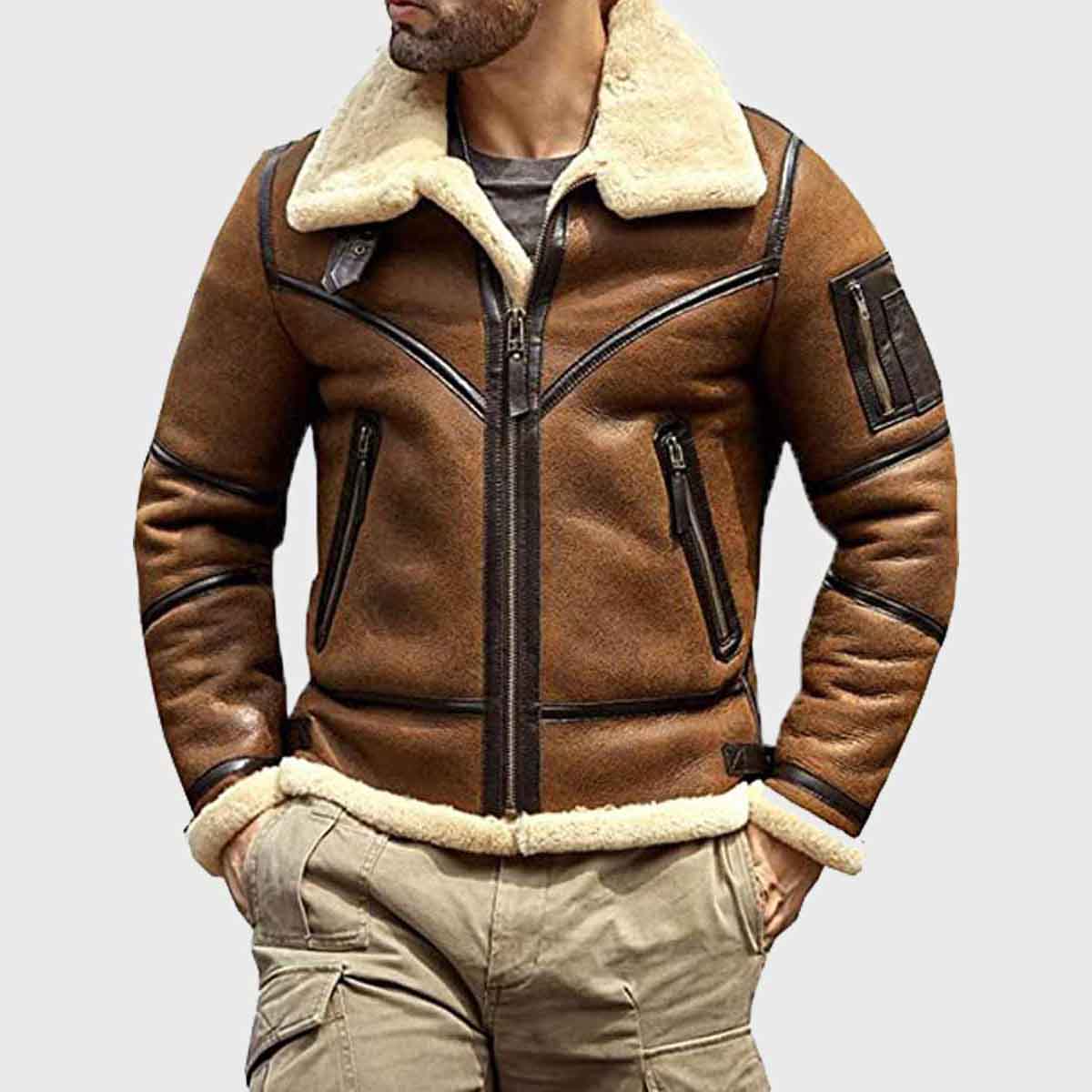 Mens Shearling B3 Flight Sheepskin Leather Aviator Jacket
