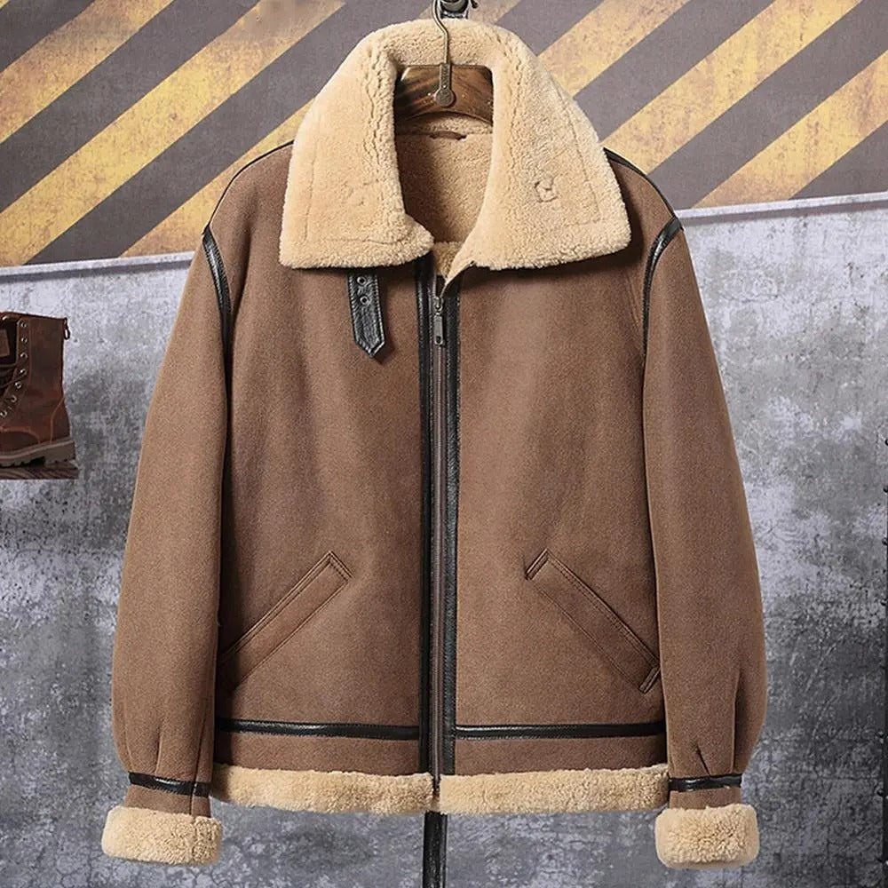 Mens Brown B3 Airforce Flight Sheepskin Shearling Leather Jacket Fur Coat