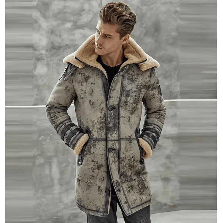 Mens Shearling Sheepskin Leather Long Coat with Hood
