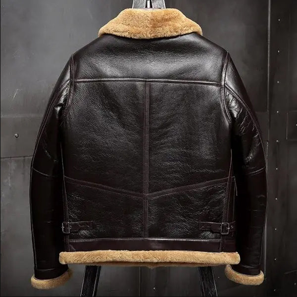 Mens Brown B3 Shearling Fur Sheepskin Leather Airforce Flight Jacket