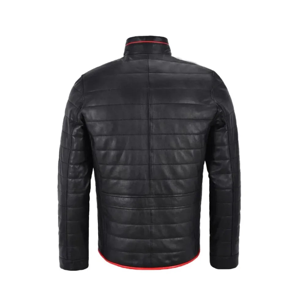 Norvay Black Puffer Red TRIMMINGS Leather Jacket