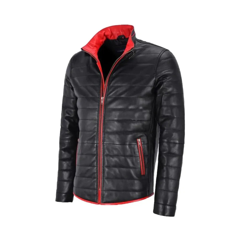 Norvay Black Puffer Red TRIMMINGS Leather Jacket