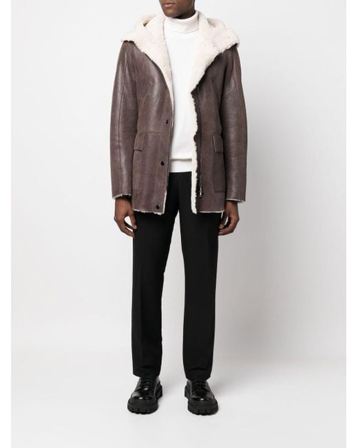 Men's Sheepskin Leather Jacket with Hood in Brown