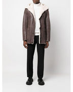 Men's Sheepskin Leather Jacket with Hood in Brown